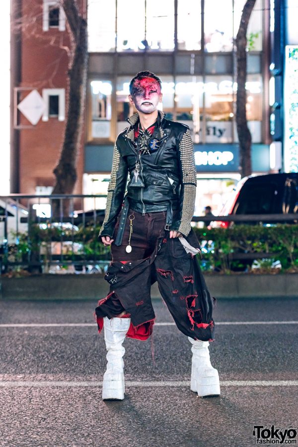 Avant-Garde Japanese Street Fashion w/ Extreme Makeup, Gas Mask, Zac Vargas Studded Jacket, Anton Berluti, Rowan & Demonia Platform Glitter Boots