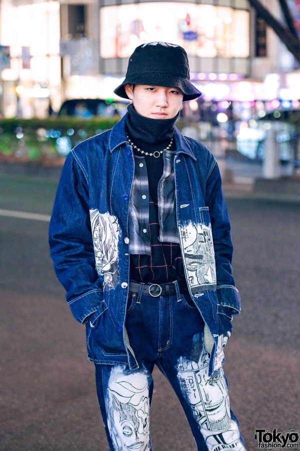 Hand-Painted Denim Streetwear Style w/ Bucket Hat, Ball Chain Necklace ...