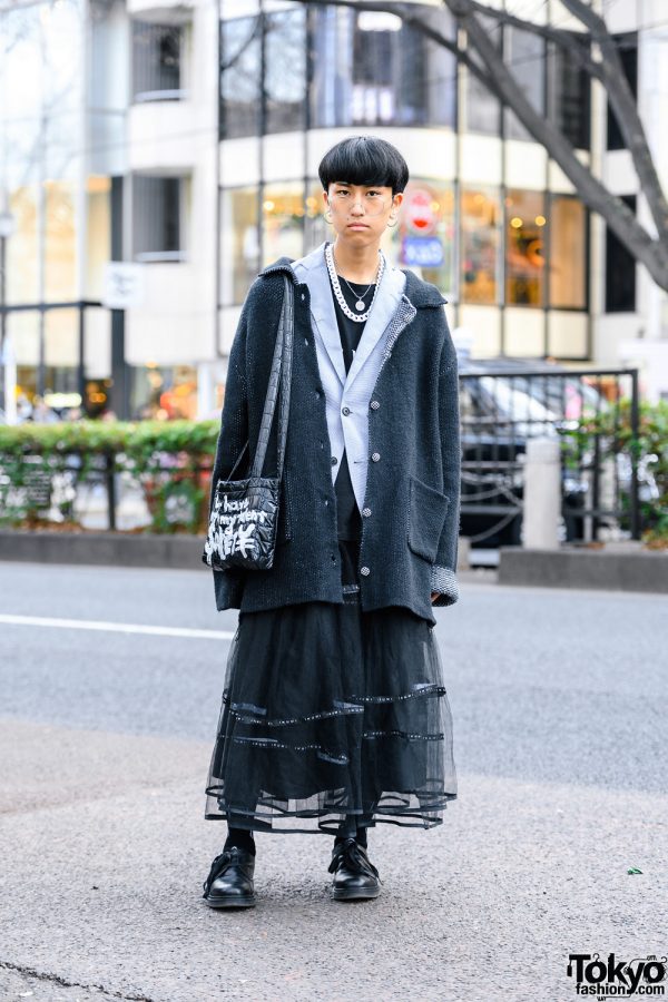 Ikumi Monochrome Style w/ Blunt Bob, Knit Cardigan, Sheer Skirt, Seams Jewelry Accessories, Quilted Sling & Lace-Up Shoes