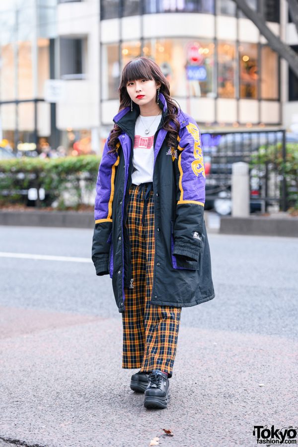 Tokyo Streetwear Style w/ Long Curls, Lakers Jacket, Cote Mer, WEGO Plaid Pants, Bless & Yosuke Platforms