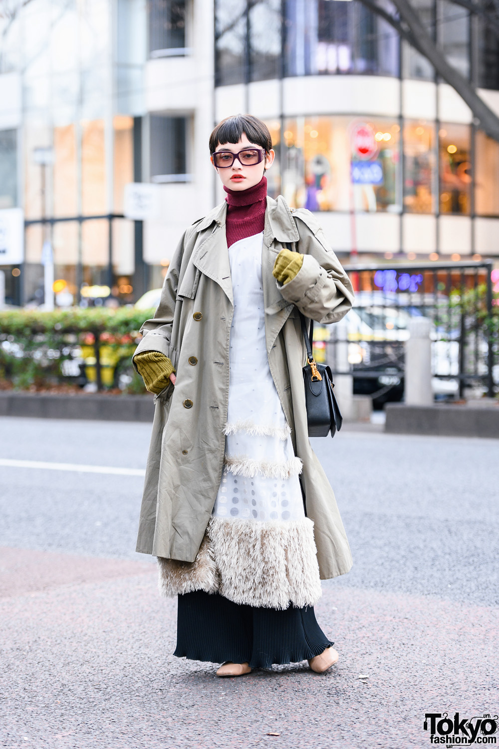 Tokyo Model's Street Fashion w/ Dior Sunglasses, Trench Coat, Lily Brown Furry Dress, Kotoha Yokozawa, Tokyo Human Experiments, Charles & Keith, & Mila Owen Boots