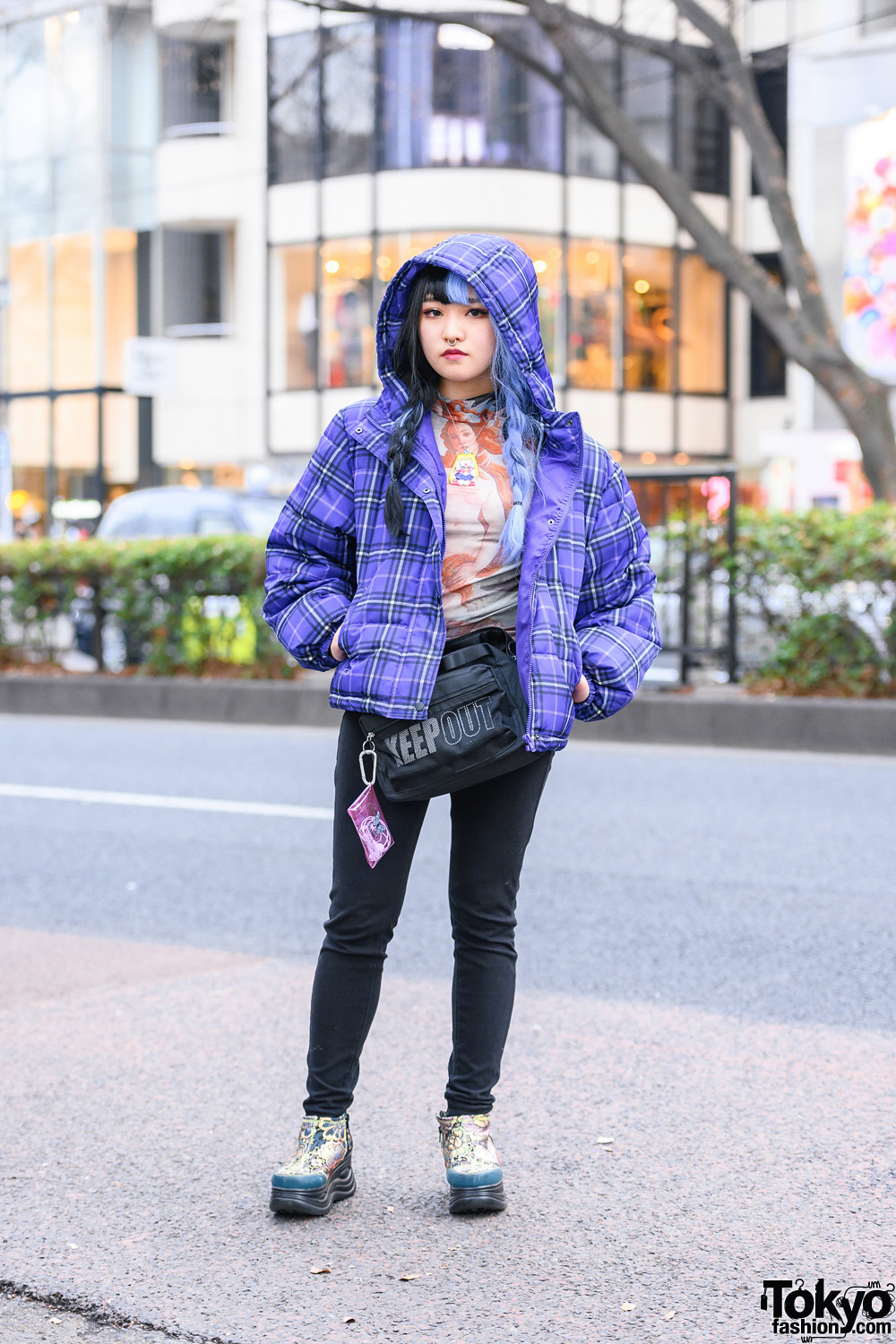 Tokyo Streetwear Style w/ Half-Color Twin Braids, Septum Ring, WEGO Plaid Jacket, ME Harajuku Venus Print, Sailor Moon Necklace & Yosuke Boots