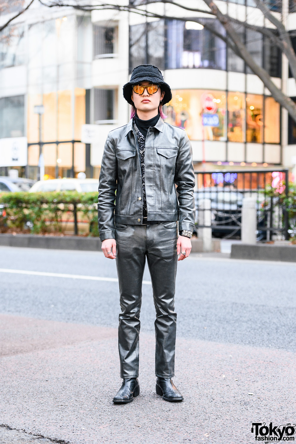 John Lawrence Sullivan Sleek Menswear Street Fashion w/ Purple Hair, Bucket Hat, Percy Lau Axis Y Sunglasses, Shiny Suit, Damask Print Shirt & Alfredo Bannister Leather Boots