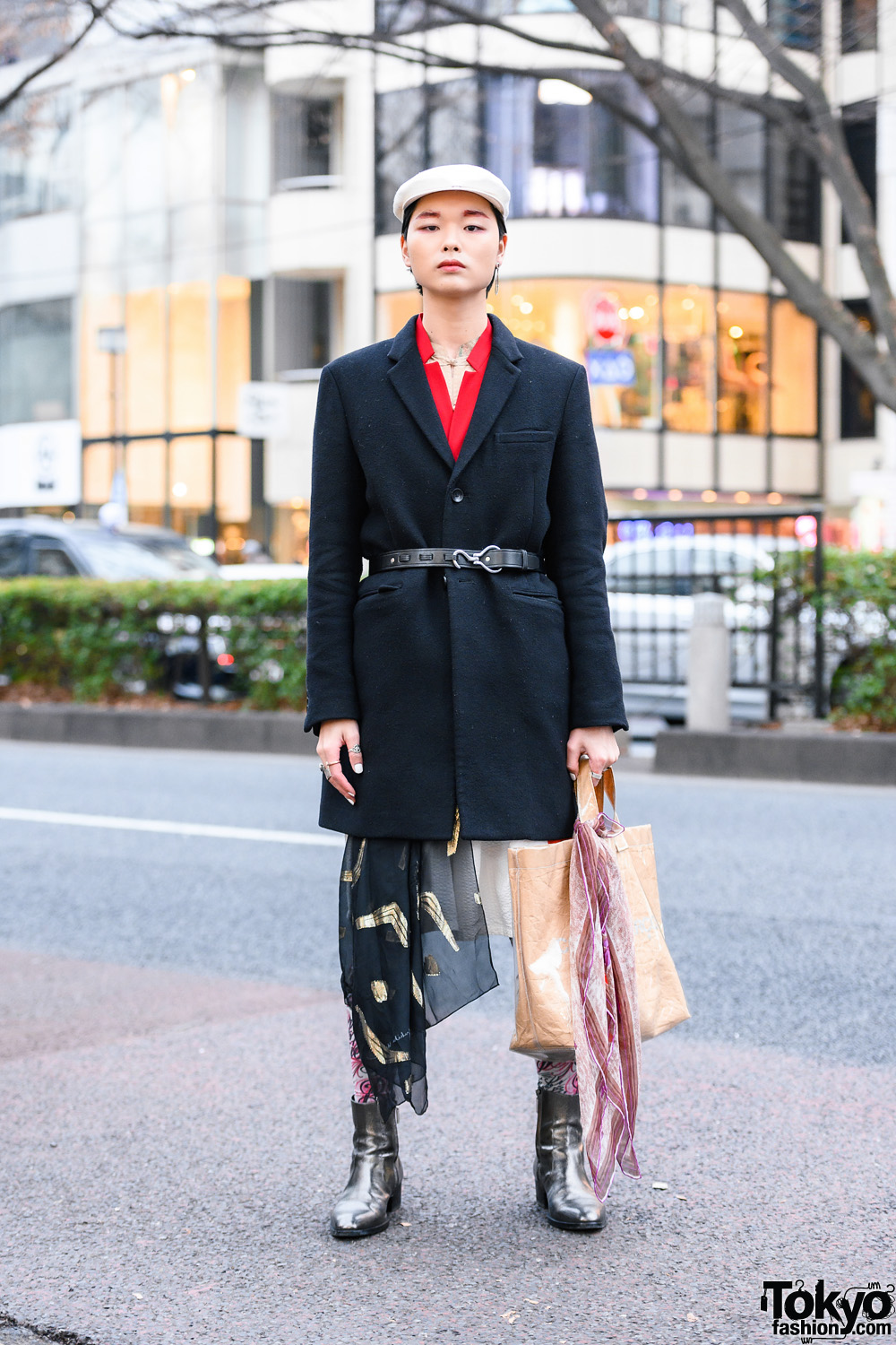Tokyo Menswear Street Style w/ Newsboy Cap, Number (N)ine Coat, Two-Tone Coat Dress, Gucci, Dolce & Gabbana, Comme des Garcons Tote & Saint Laurent Boots