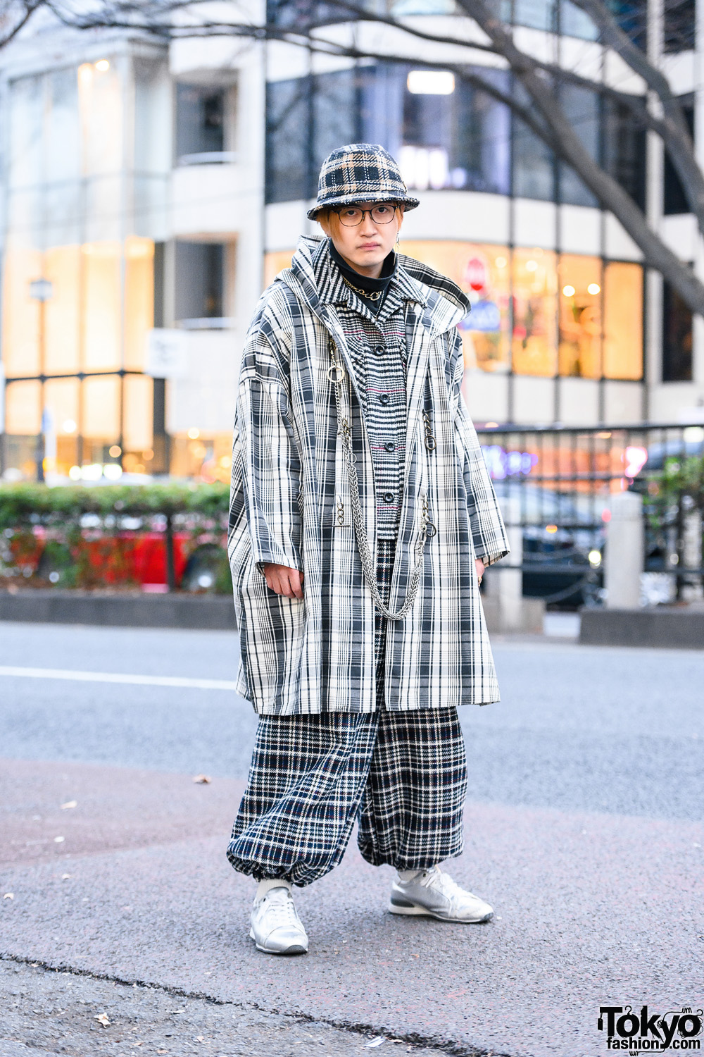 All Over Plaid Tokyo  Style w/ Bucket Hat, Remake Hooded Coat, Ray Cassin Blazer, Turtleneck Top, Handmade Balloon Pants & Silver Sneakers