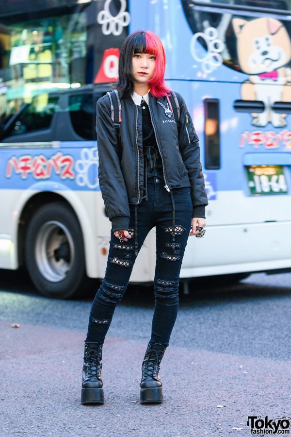 All Black Killstar Harajuku Street Style w/ Two Tone Hair, Spooky Tunes Bomber Jacket, Ripped Jeans, Brindle Armor Rings, Vivienne Westwood & Demonia Boots