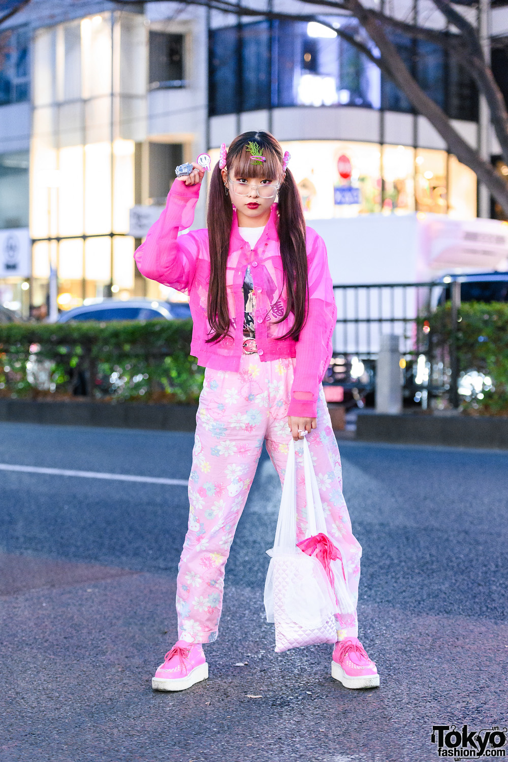 Pink & White Street Style w/ Twin Tails, Hair Clips, Forever21 Sheer Jacket, Hello Kitty Pajama Pants, Rosary Necklace, Kamen Rider & Pokemon Rings, Quilted Bag & Yosuke Pink Creepers