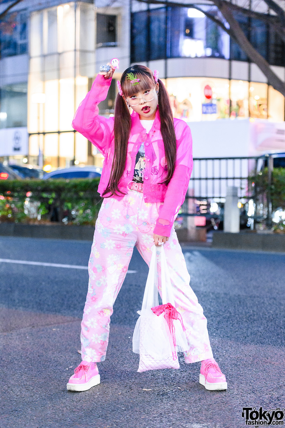 Pink & White Street Style w/ Twin Tails, Hair Clips, Forever21 Sheer ...