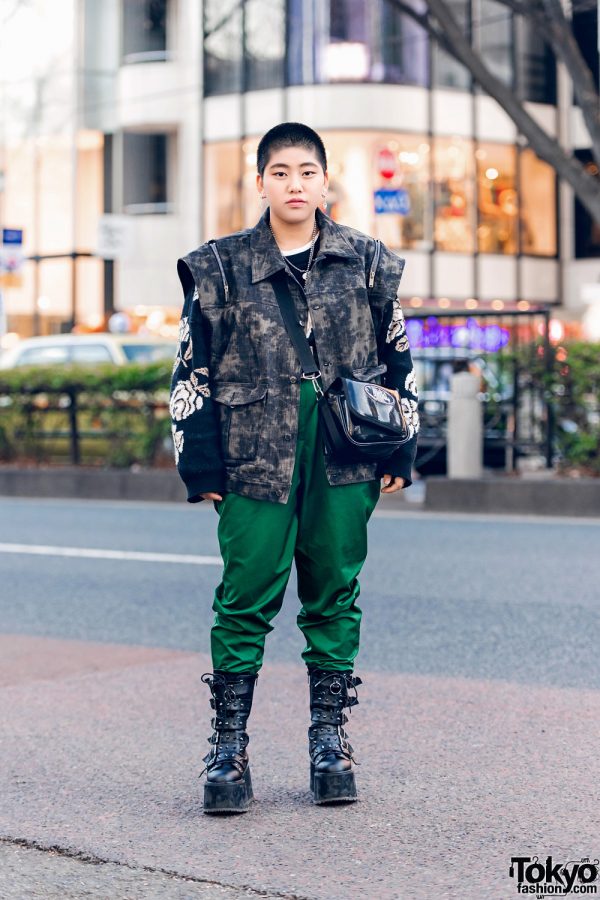 Tokyo Style w/ Shaved Head, ESC Studio Denim Vest, Parachute Pants, Never Mind the XU, DYOG Patent Sling Bag & Demonia Buckle Boots