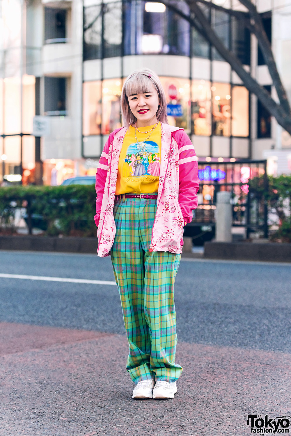 Harajuku Girl Streetwear Style w/ Butterfly Hair Clips, Mezzo Piano, Disney Princess Shirt, Kinji Plaid Pants, Angel Blue & Sketchers Sneakers