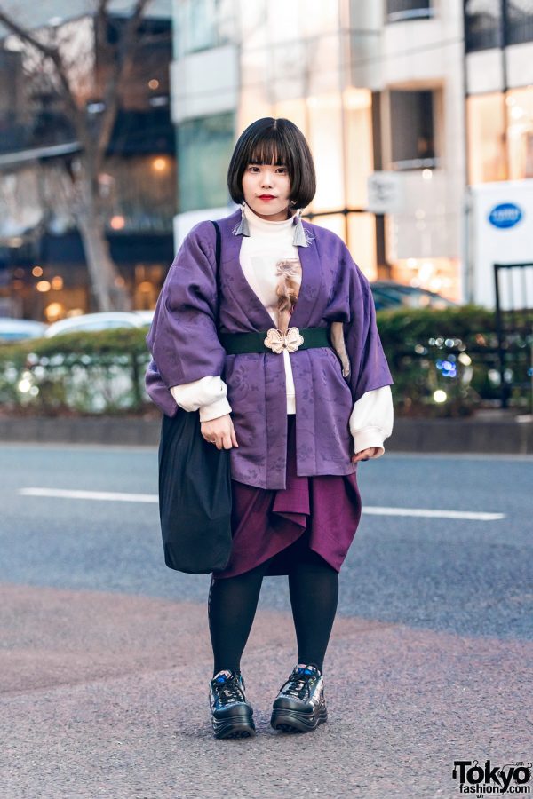 Purple Harajuku Style w/ Fringed Bob, Tassel Earrings, Silk Kimono, Bubbles Sweater, Vivienne Westwood Asymmetric Skirt, Ikumi & Yosuke