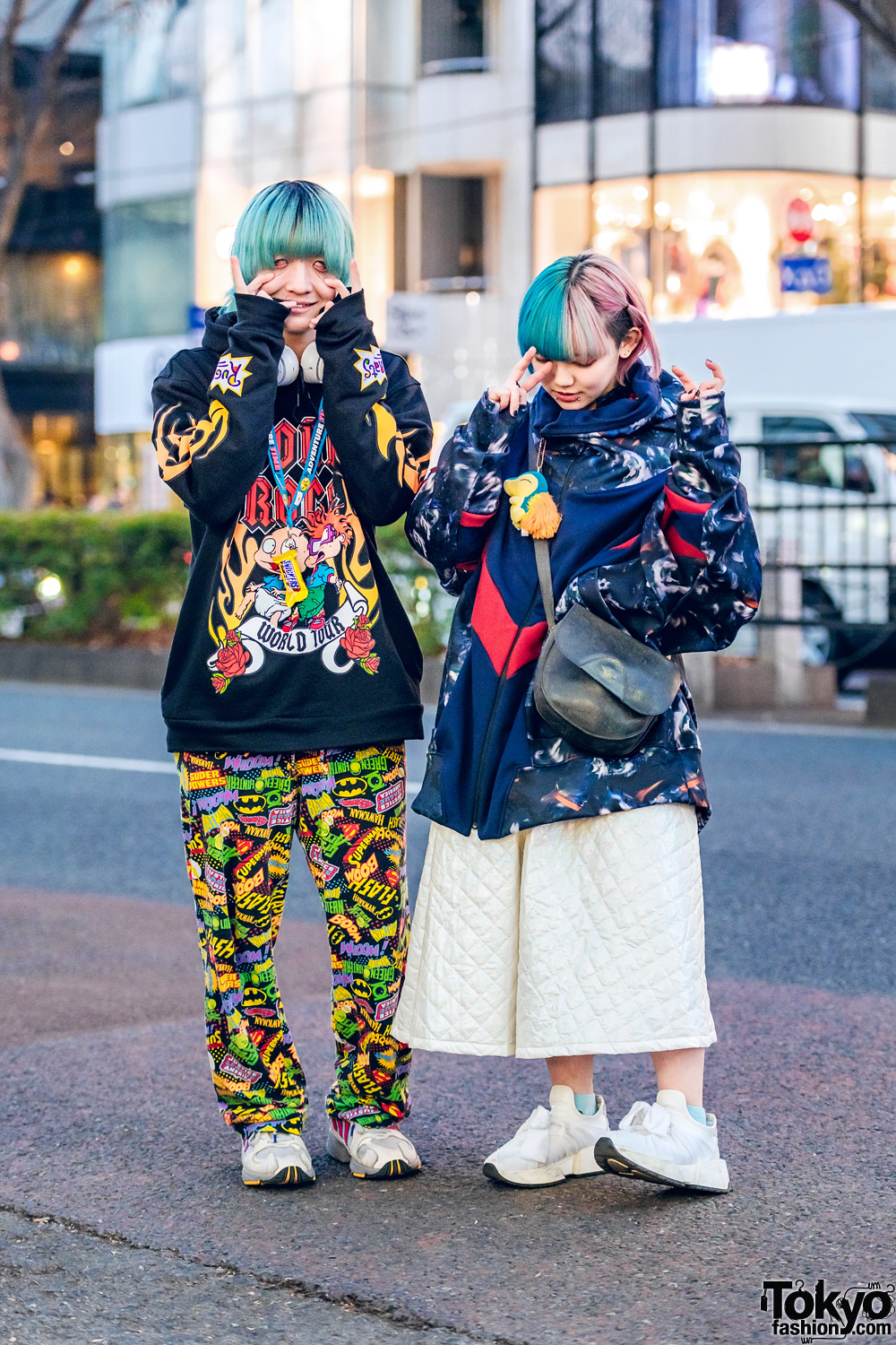 Harajuku Duo's Streetwear Styles w/ Aqua Bob, Half Color Bob, Rugrats Hoodie, Marvel Heroes Pants, Balmung Graphic Sweater, Ikumi Quilted Pants, MMC & Adidas Sneakers