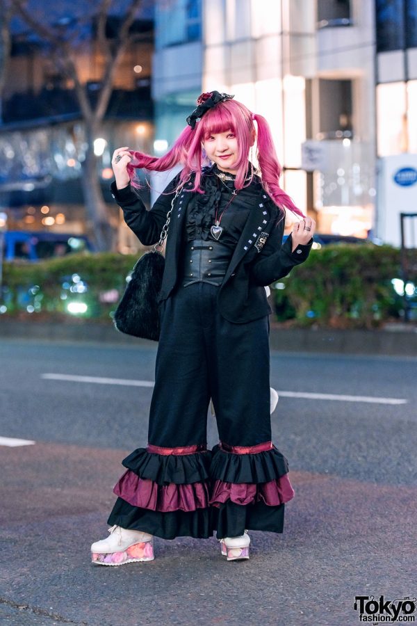 Black & Pink Tokyo Street Style w/ Pink Hair, Lace Headpiece, Metamorphose Temps De Fille, Handmade Ruffle Pants, Teddy Bear & Swankiss Flower Platform