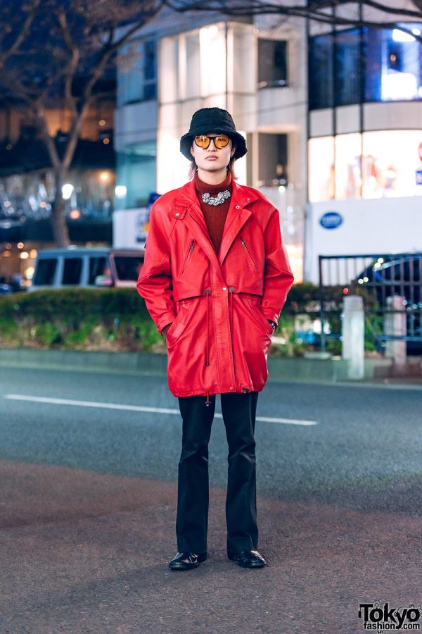 Red & Black Menswear in Harajuku w/ Bucket Hat, Christopher Nemeth Rope Print Necklace, Sullen Parka, Kolor, John Lawrence Sullivan & Gucci