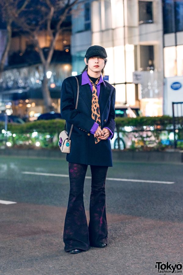 Tokyo Menswear w/ Newsboy Cap, Leopard Print Necktie, Valentino Coat, Dee Dee Flared Pants, Colorblock Bag & Pointy Boots