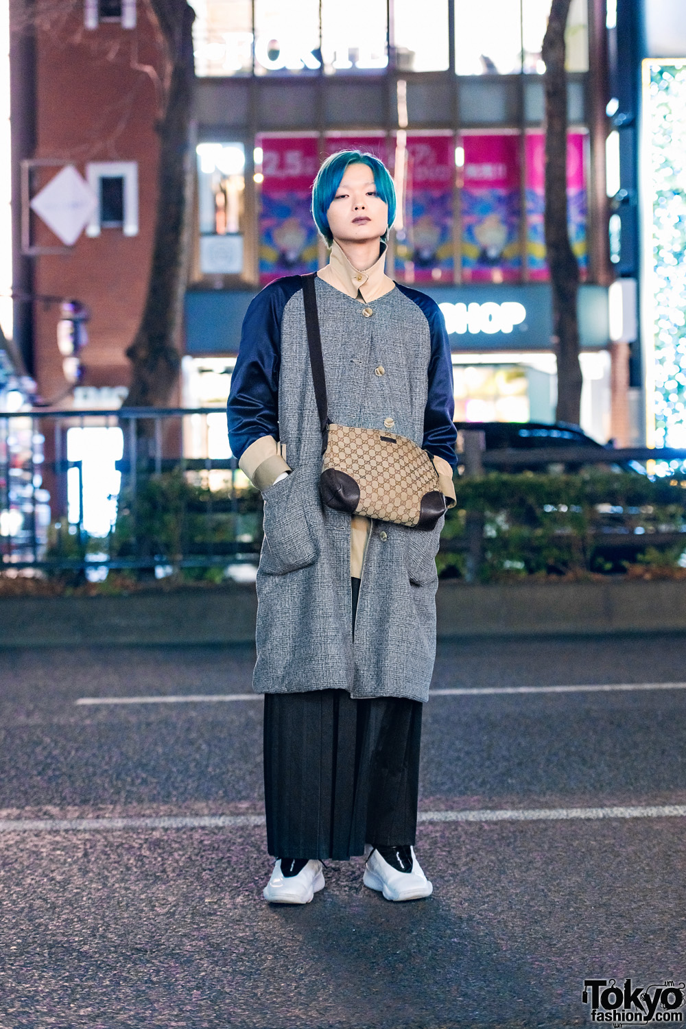 Layered Menswear in Tokyo w/ Blue Green Hair, Whiteland Blackburn Coat, Keisuke Yoneda Maxi Skirt, Number (N)ine, Gucci Bag & Alexander Wang x Adidas Sneakers