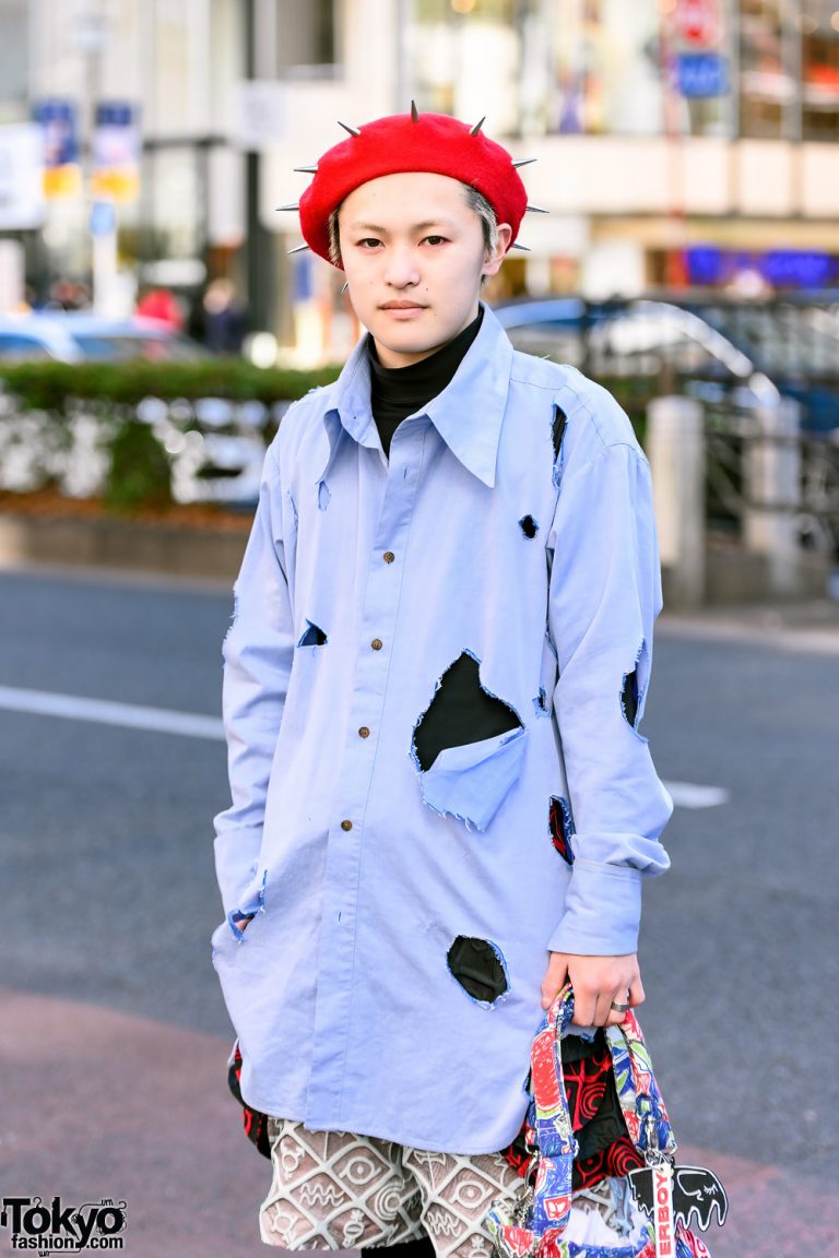 Charles Jeffrey Loverboy Street Style w/ Spiked Beret, Ripped Shirt