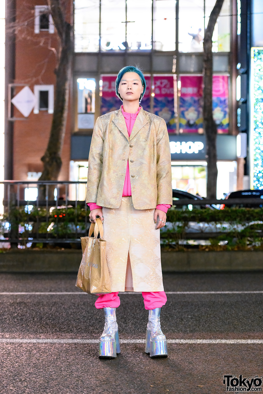 Tokyo Street Style w/ Aqua Hair, Aqua Brows, Resale Fashion, Gosha Rubchinskiy x Adidas Sports Suit, Comme des Garcons Tote & Demonia Tall Boots