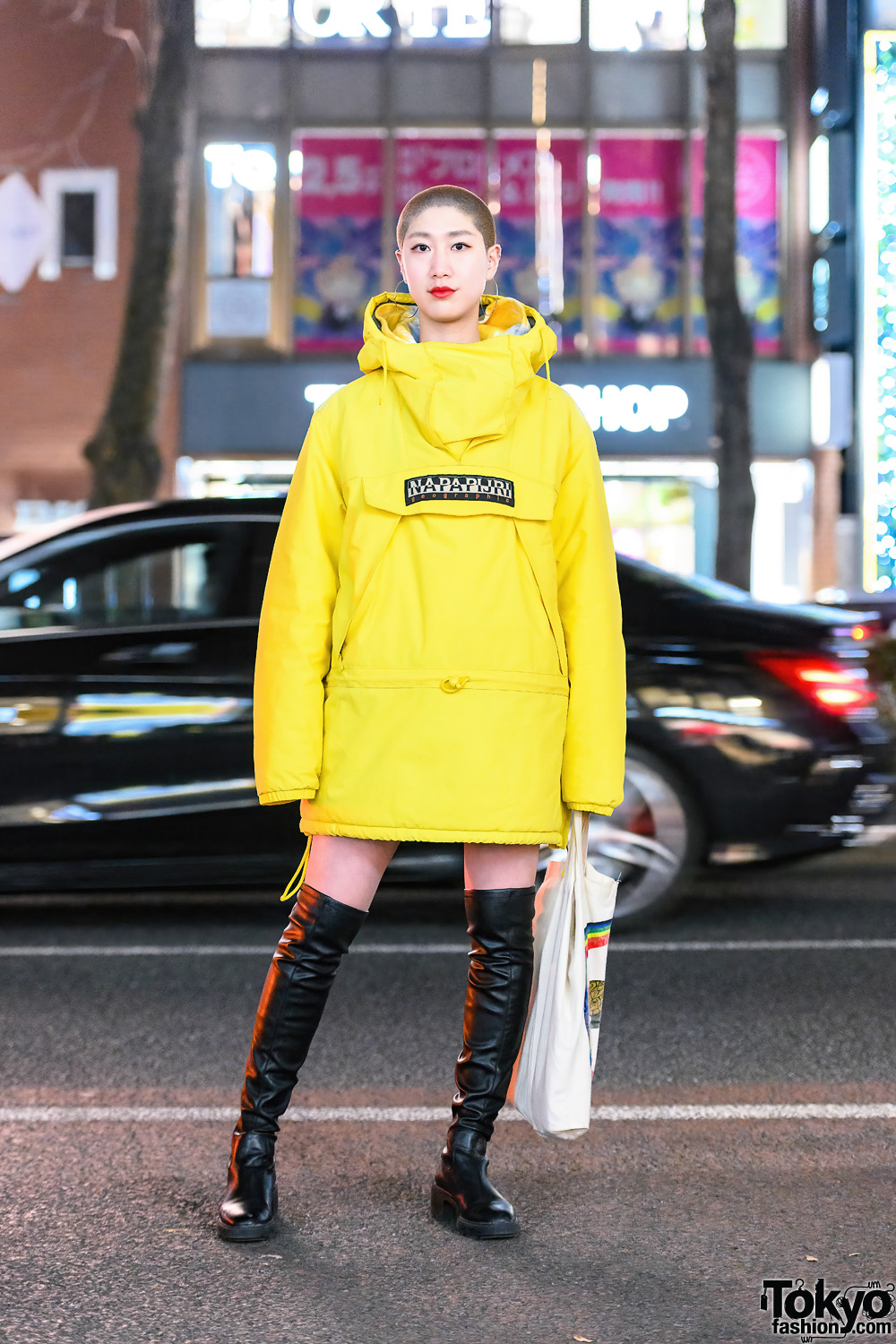 Chic Tokyo Girl Street Style w/ Shaved Head, Napapijri Skidoo Jacket, Justine Clenquet Hoops, Chloe & Zara Thigh-High Boots