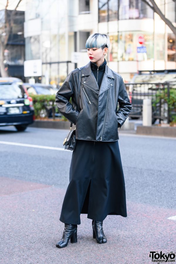 Chic Minimalist Japanese Street Fashion w/ Silver Blue Bob, Motorcycle Jacket, Yohji Yamamoto Dress & Maison Margiela Tabi Boots