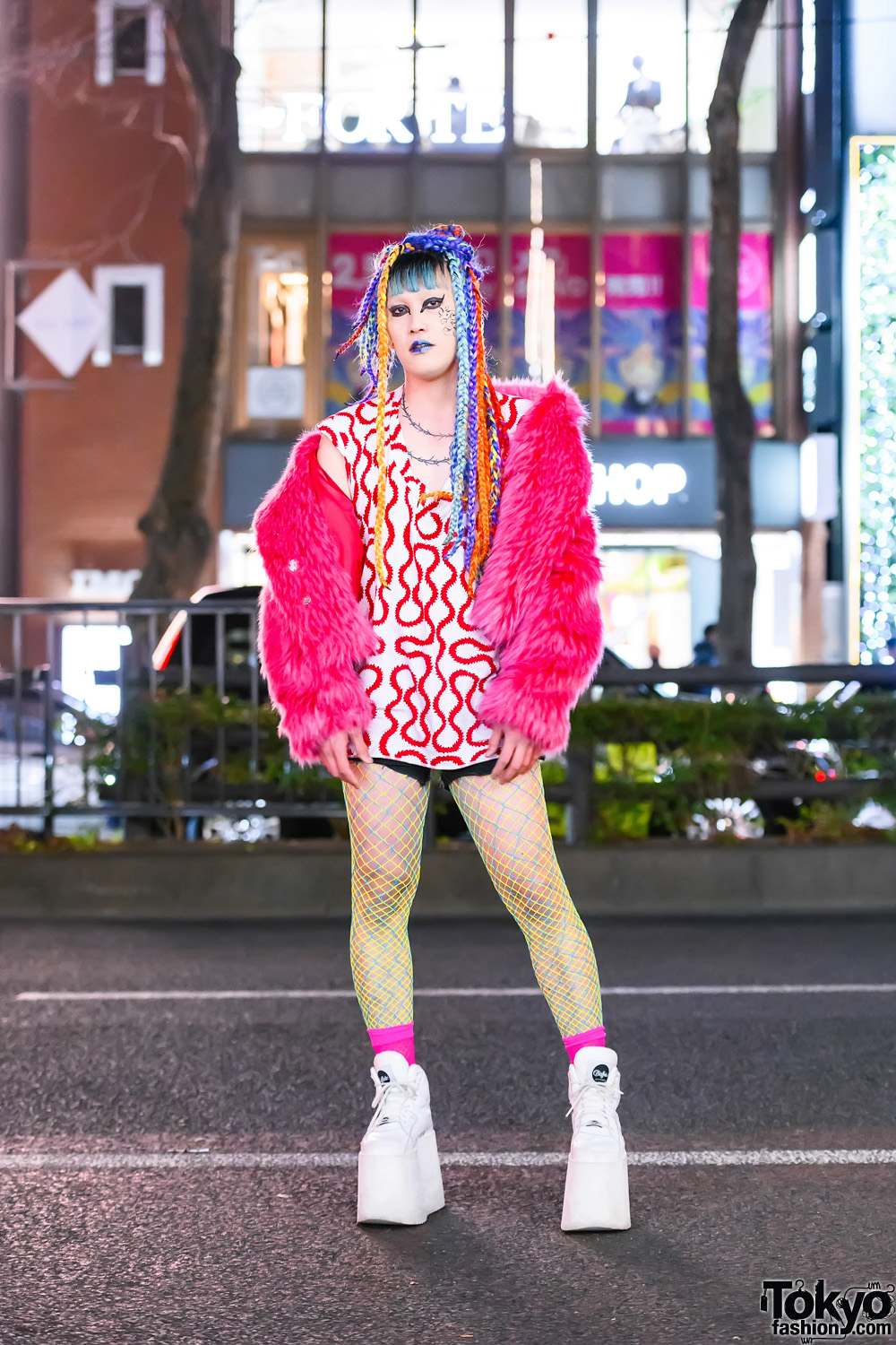 Vintage Fashion Buyer's Tokyo Street Style w/ Braided Hair Falls, Two-Tone Lips, Furry Jacket, Fishnets, Vivienne Westwood World's End Geometric Print Top & Buffalo Tall Sneakers
