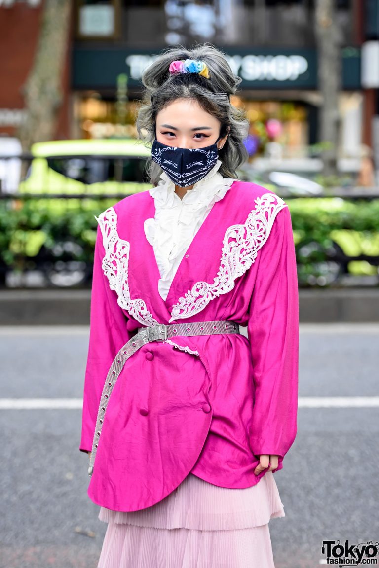 Harajuku Stylist in Belted Pink Blazer, Face Mask, Ruffle Top, Tiered ...