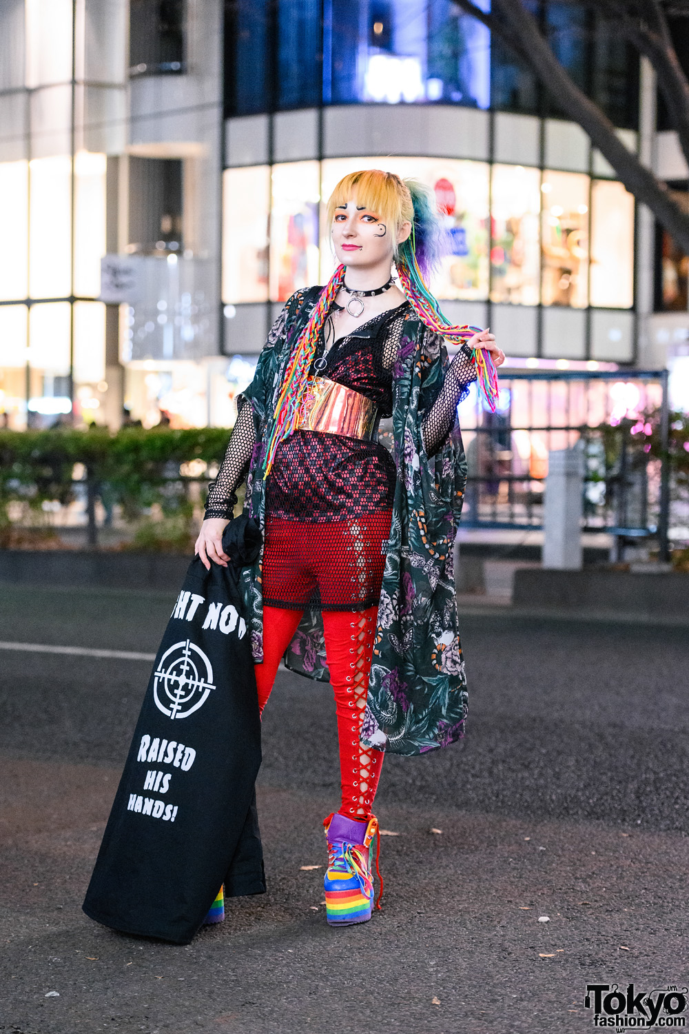 Harajuku Style w/ Rainbow Hair Falls, Volcan & Aphrodite Kimono Jacket, Listen Flavor, Bones Lace-Up Pants, Psychedelic Corset, Dolls Kill & YRU Rainbow Platforms