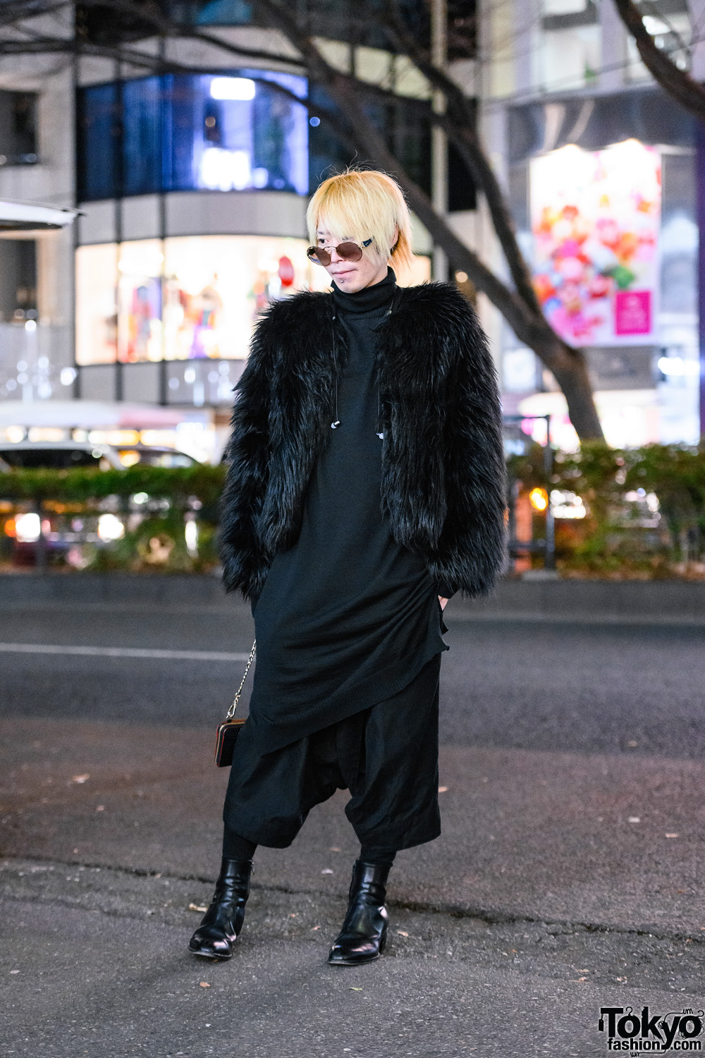 All Black Street Style in Tokyo w/ Blonde Hair, Sunglasses, H&M x Moschino Furry Jacket, Ground Y Turtleneck, Julius Cropped Pants & YSL Boots