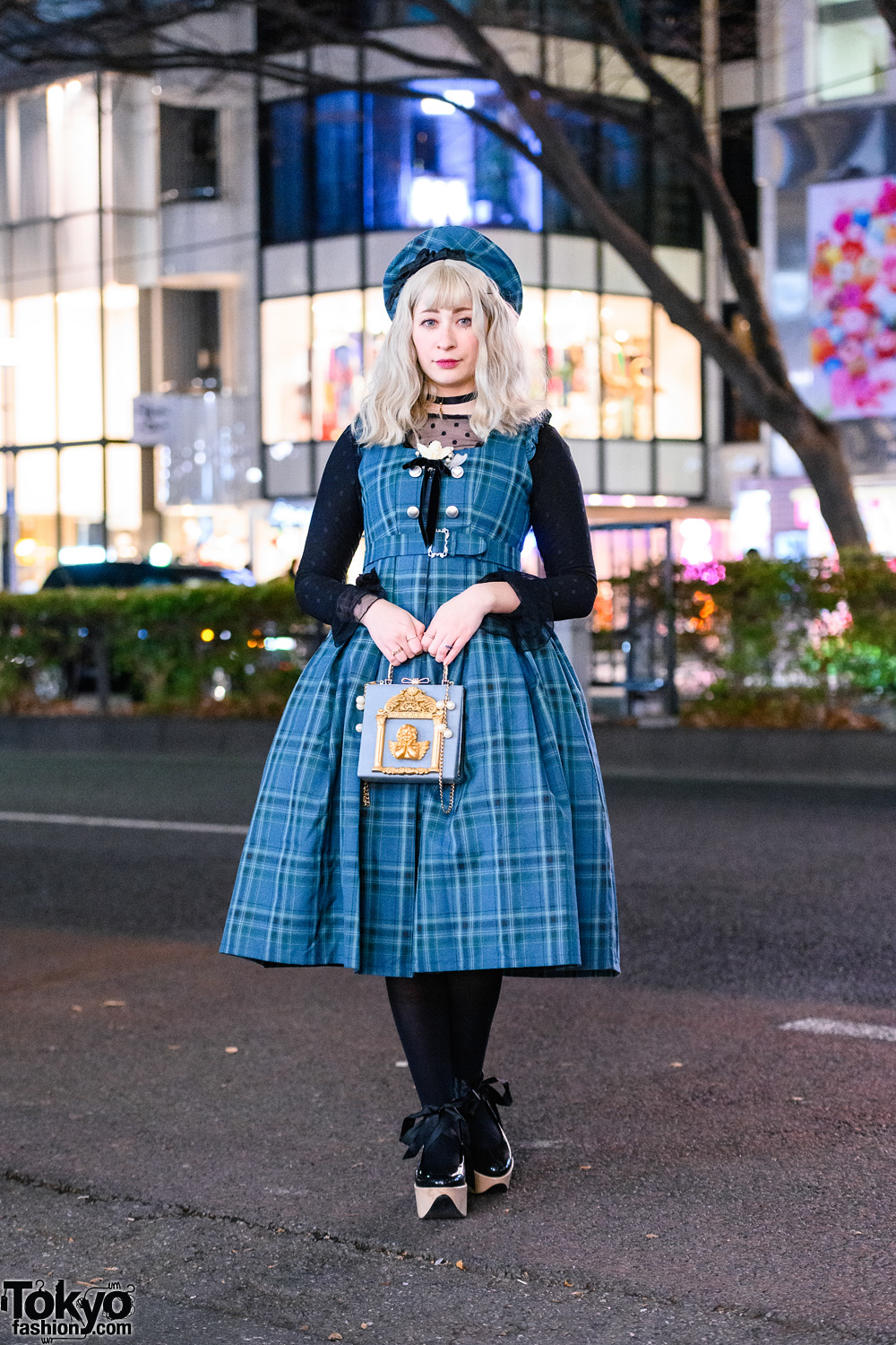 Harajuku Streetwear Style w/ Plaid Beret, Sheer Polka-Dot Top, Belted Plaid Dress, Anna Sui & Vivienne Westwood x Melissa Rocking Horse Shoes