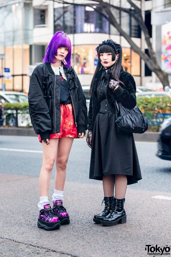 Purple vs All Black Gothic Tokyo Styles w/ Ruffle Headdress, Vampire Fangs, Candy Stripper, GU Dress, ME Harajuku, Brindle, Demonia, Anna Sui & Yosuke Boots
