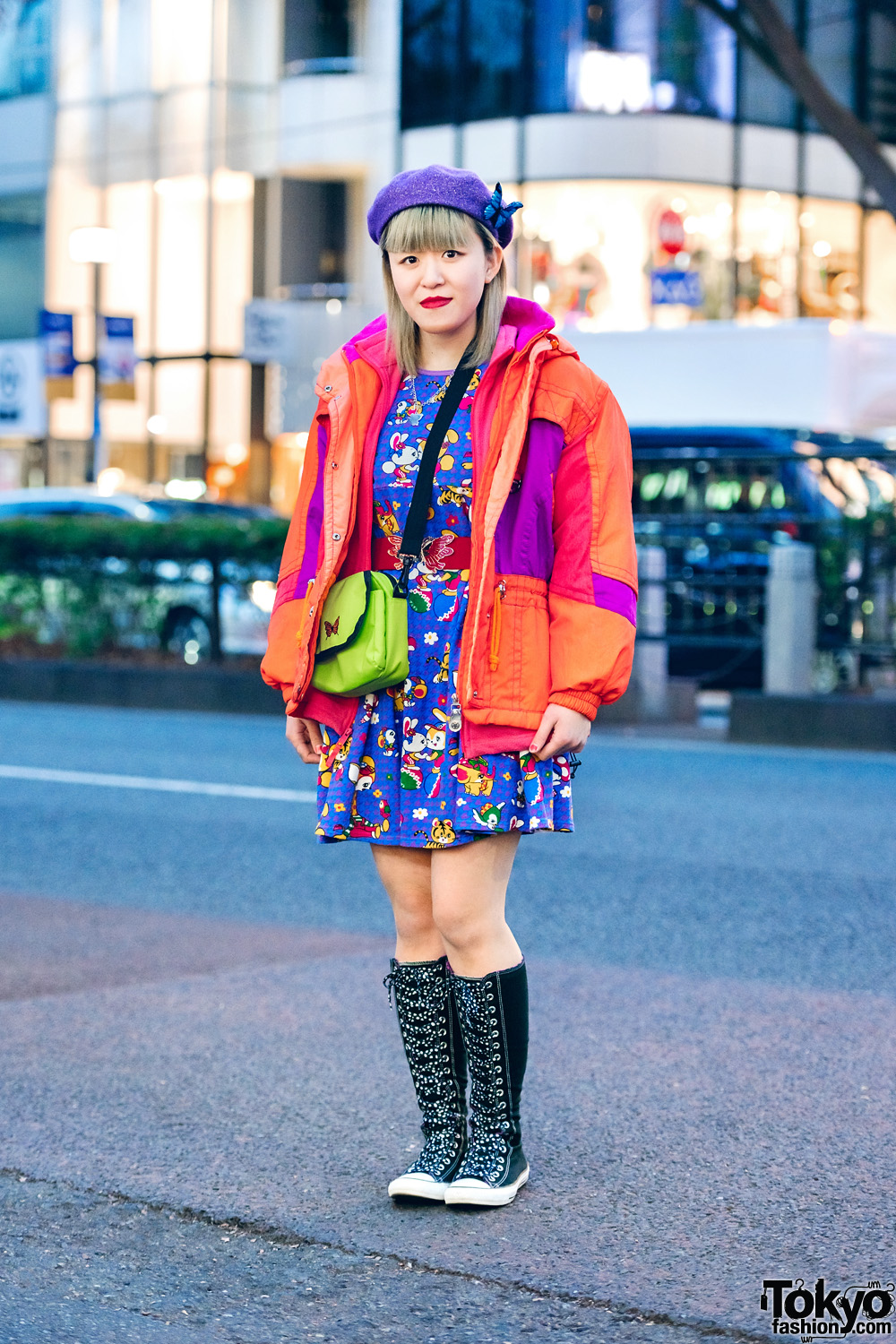 Harajuku Street Style w/ Nishikaigan Beret, Butterfly Pin, Grand Ground Dress, WEGO Converse Knee High Sneakers Tokyo Fashion