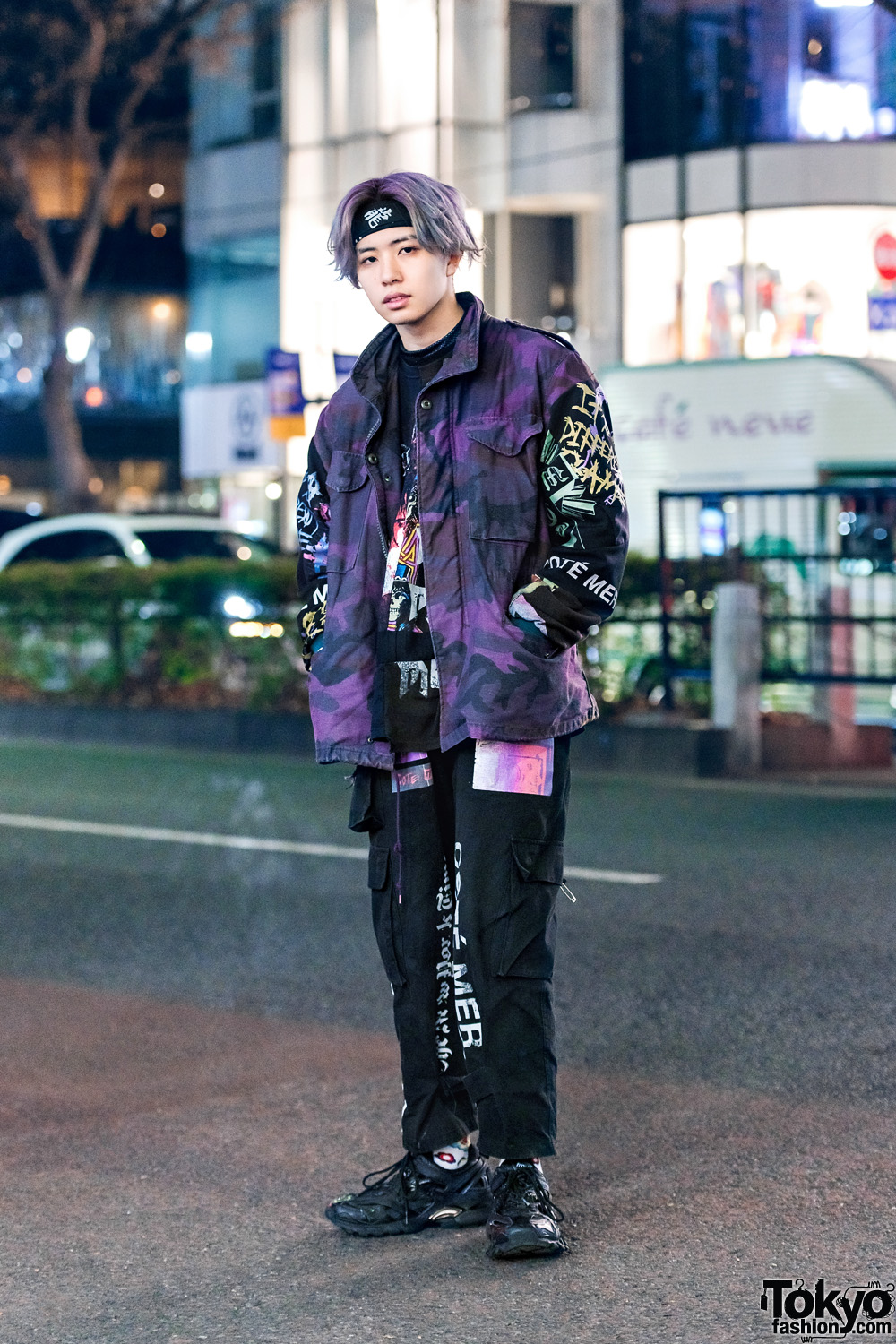 Cote Mer Graphic Print Streetwear Style w/ Purple Hair, Headband, Camouflage Jacket, Cargo Pants & Balenciaga Sneakers