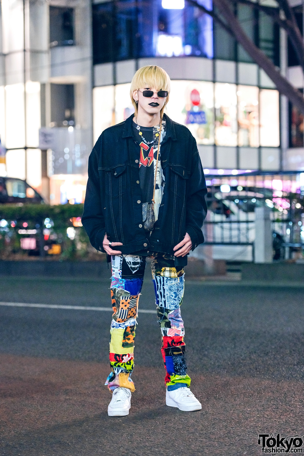 Harajuku Guy in Cote Mer Graphic Streetwear Style w/ Black Lipstick, Denim Jacket, Patchwork Pants, Louis Vuitton Sling & Nike Sneakers