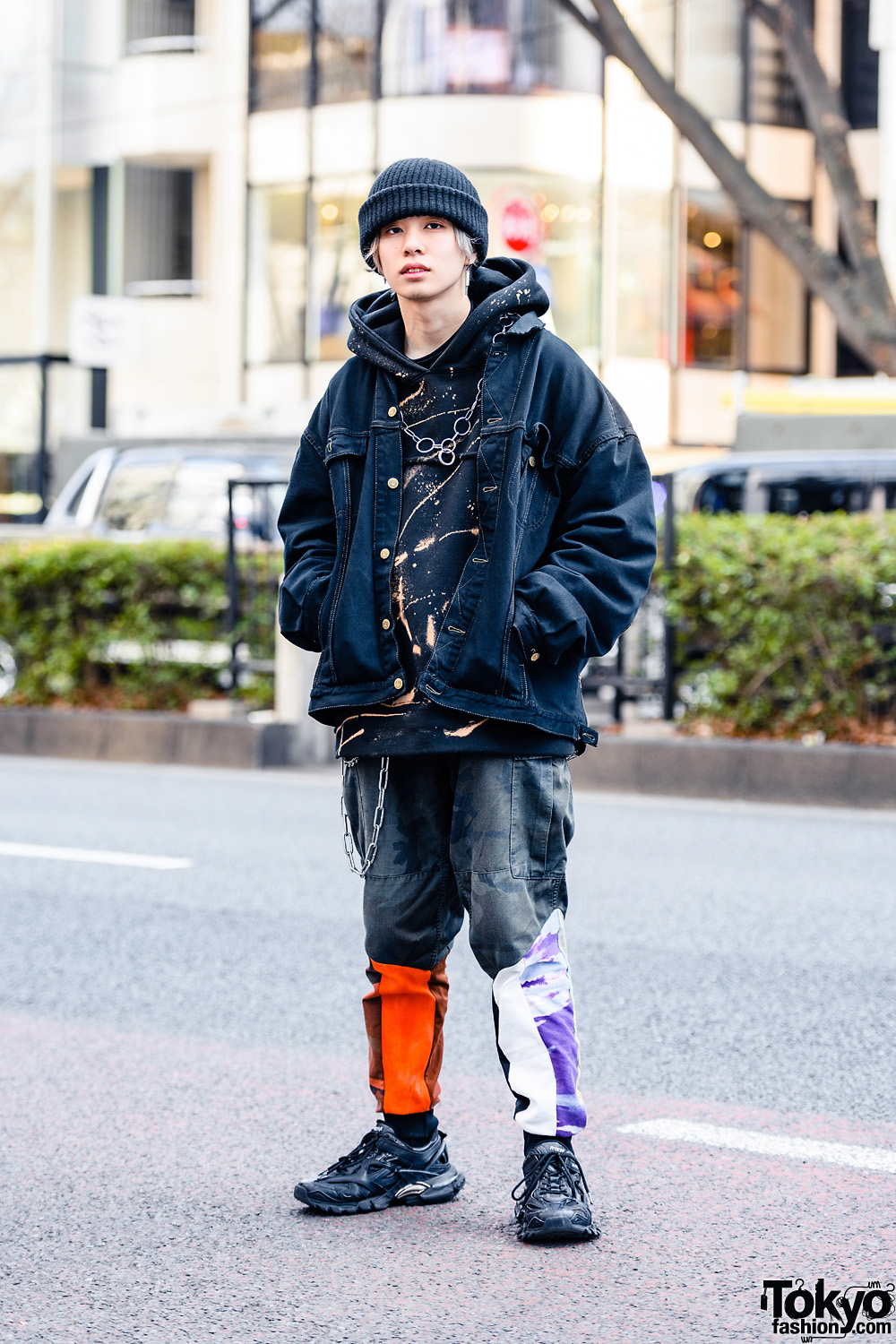 Tokyo Model in Cote Mer Streetwear Style w/ Knit Beanie, Denim Jacket, Hoodie Sweater, Camo Pants, (ME) Harajuku & Balenciaga Sneakers