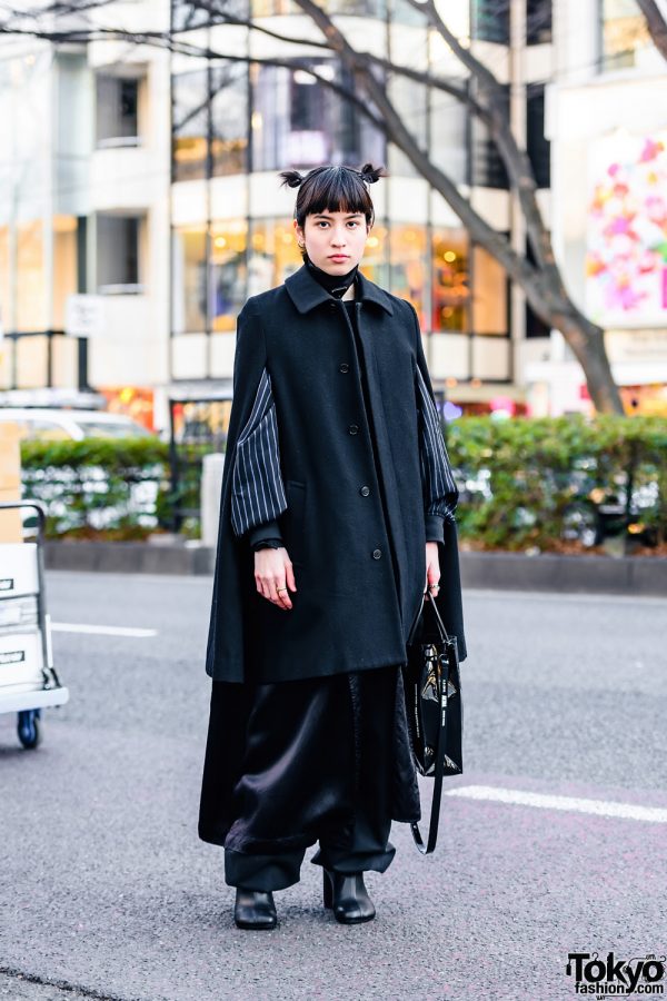 All Black Tokyo Street Style w/ Twin Buns, Prada Choker, Comme des Garcons Cape Coat, Akira Art of Wall x Nana-Nana Tote, Iosselliani, Tokyo Human Experiments & MM6 Maison Margiela Boots