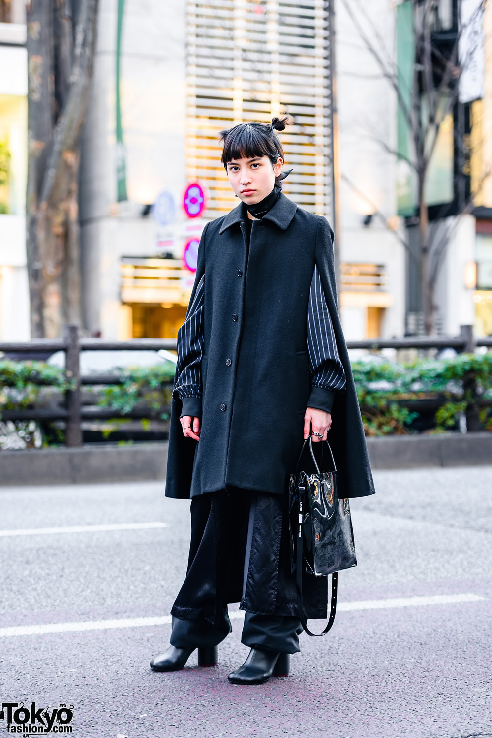All Black Tokyo Street Style w/ Twin Buns, Prada Choker, Comme des
