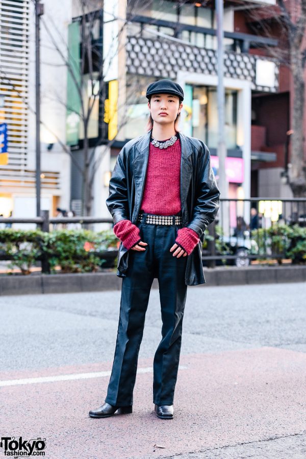 Black & Red Tokyo Street Style w/ Newsboy Cap, Christopher Nemeth Rope Print Necklace, Knit Sweater, Leather Jacket & John Lawrence Sullivan Leather Boots