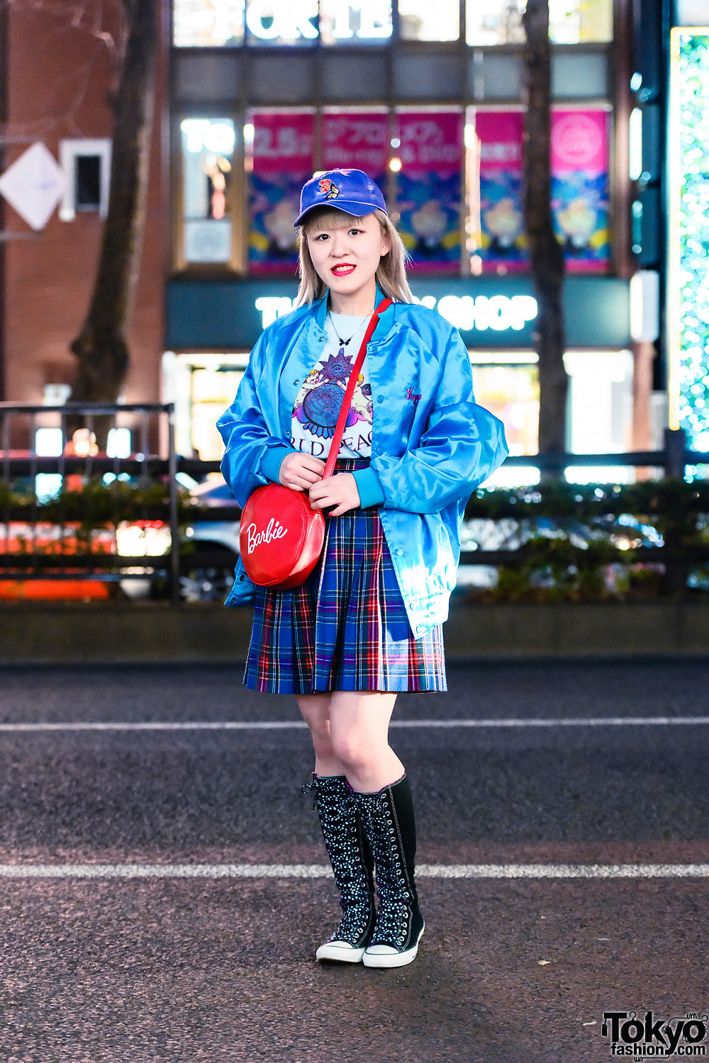 Harajuku Girl Street Style w/ Shiny Cap, Chicago Bomber Jacket, Labrat Shirt, Plaid Skirt, Romantic Standard, Dream Date Barbie Bag & Converse Knee-High Sneakers