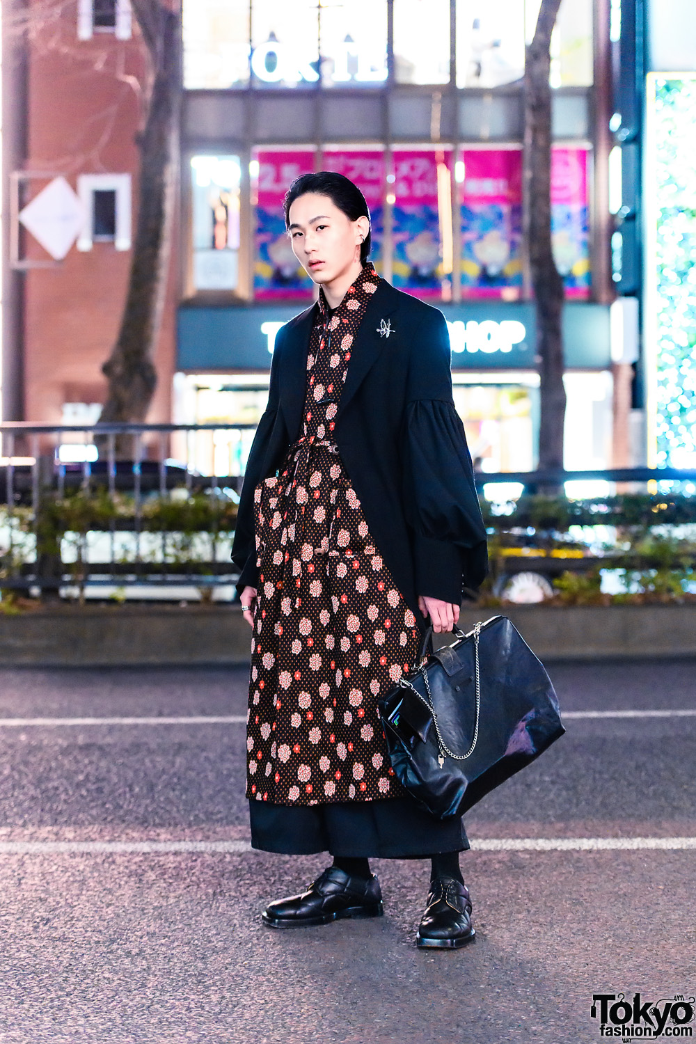 Harajuku Menswear Style w/ Comme des Garcons Jacket, Kami House Print Dress, Wide Leg Pants, Jean Paul Gaultier Satchel Bag & Leather Shoes
