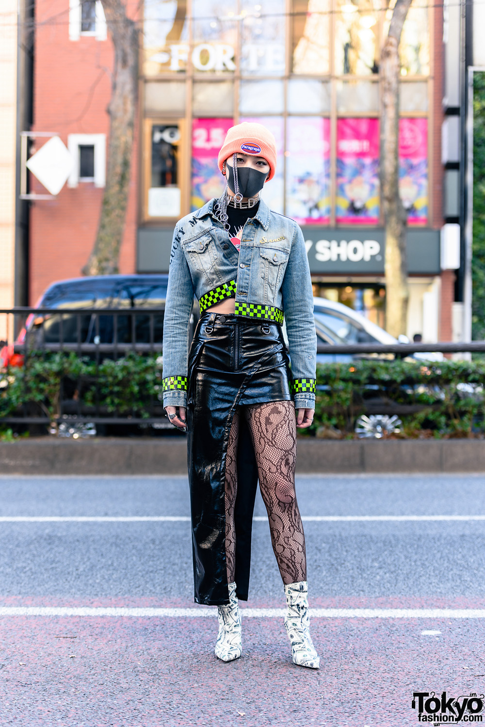 Harajuku Street Style w/ Black Mask, Silver Chains, Beanie, Man G Denim Jacket, Faux Leather Skirt, Pinnap, VidaKush & Dolls Kill Dollar Bill Boots