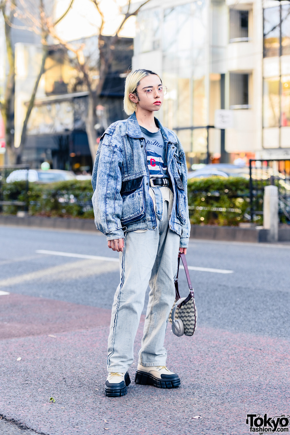 Japanese Rapper & Model in Denim Street Style w/ Sony Headphones, Resale Fashion, Rauco House Acid Wash Jeans, Balenciaga & Zara