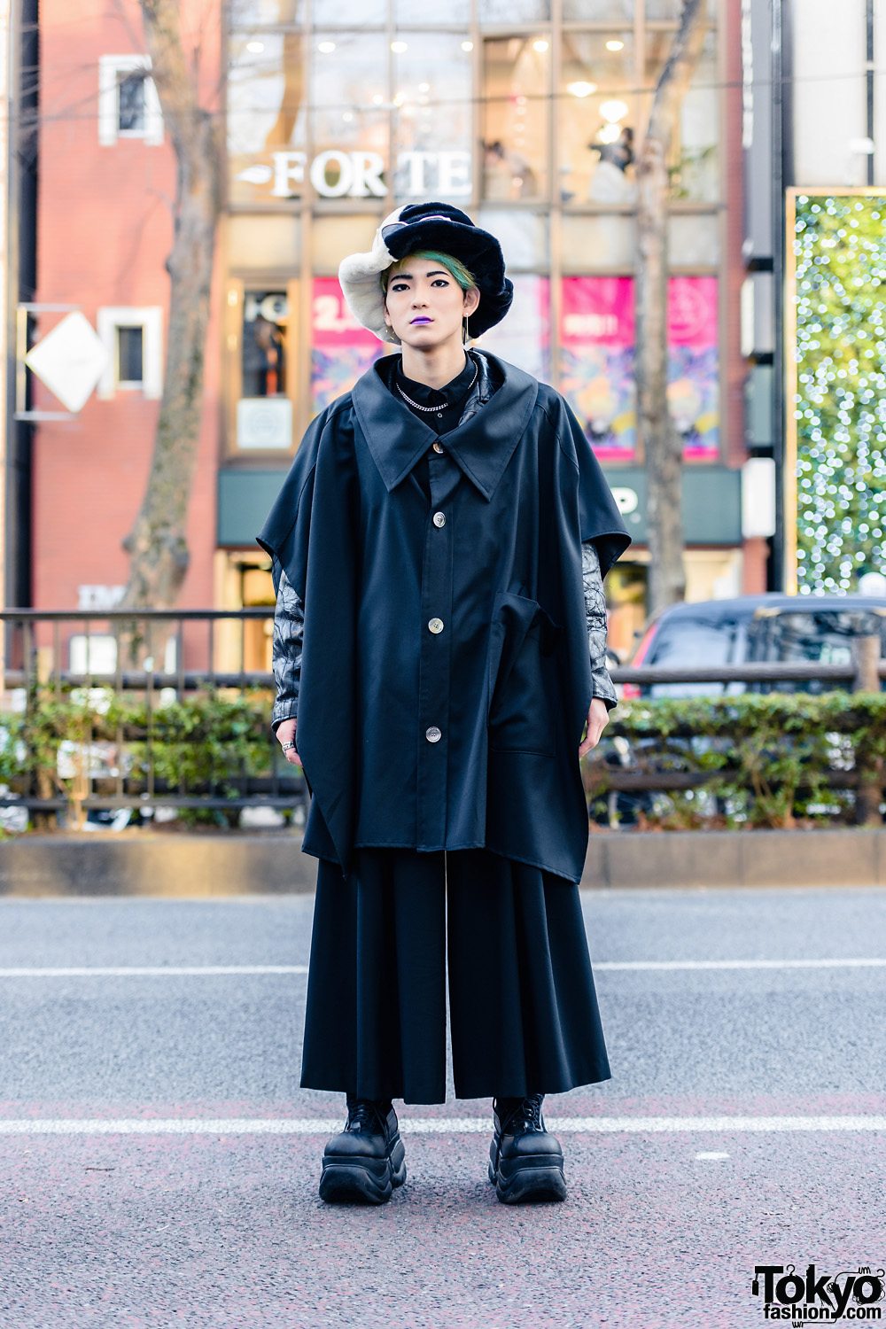 All Black Harajuku Street Style w/ Furry Two-Tone Hat, Mismatched Earrings, Anrealage Cape Coat, LAD Musician Wide Leg Pants & Demonia Platforms