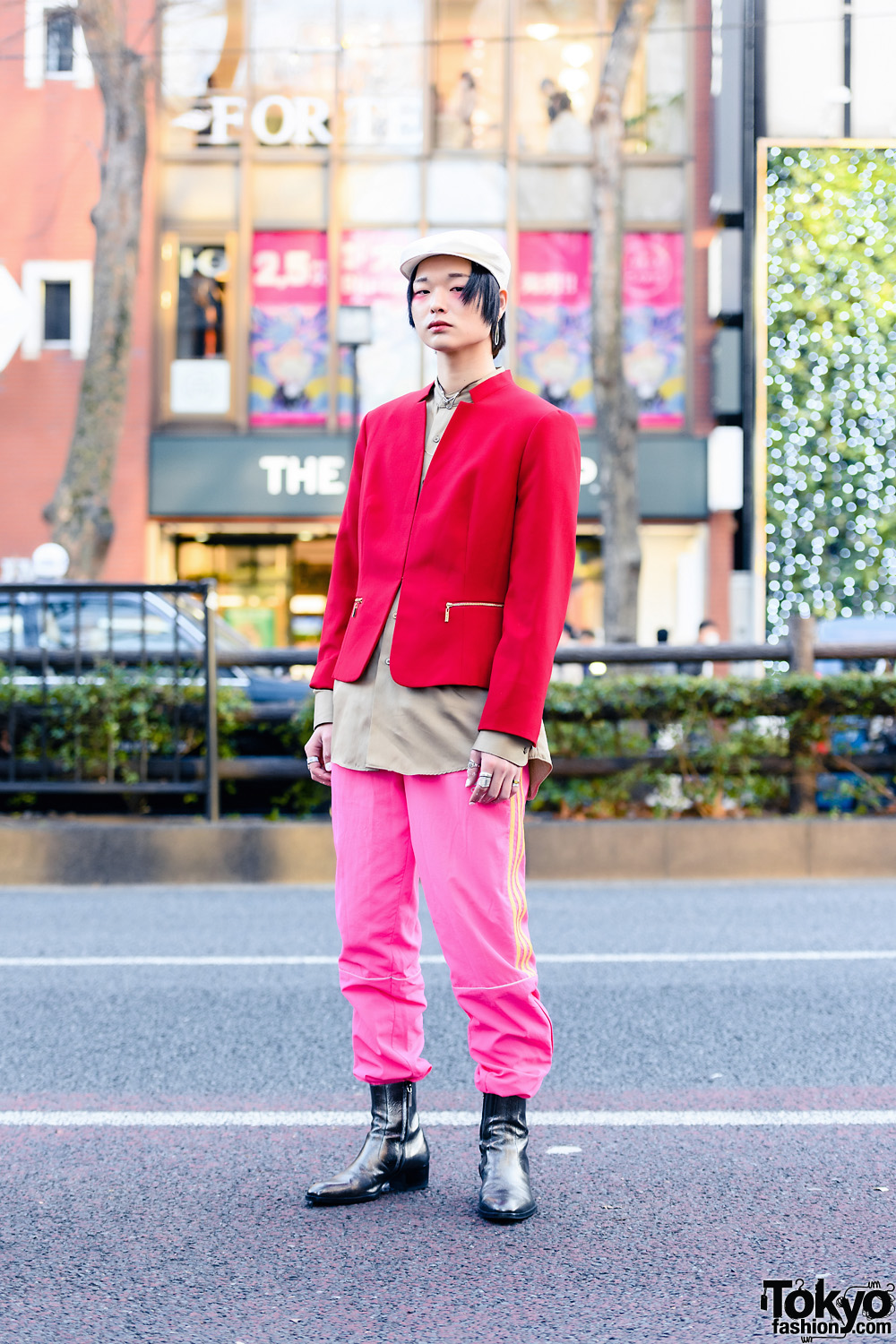Colorful Tokyo Style w/ Pink Eye Makeup, Beret, Cropped Jacket, Gosha Rubchinskiy x Adidas Track Pants, Gucci, Hermes & Saint Laurent Boots