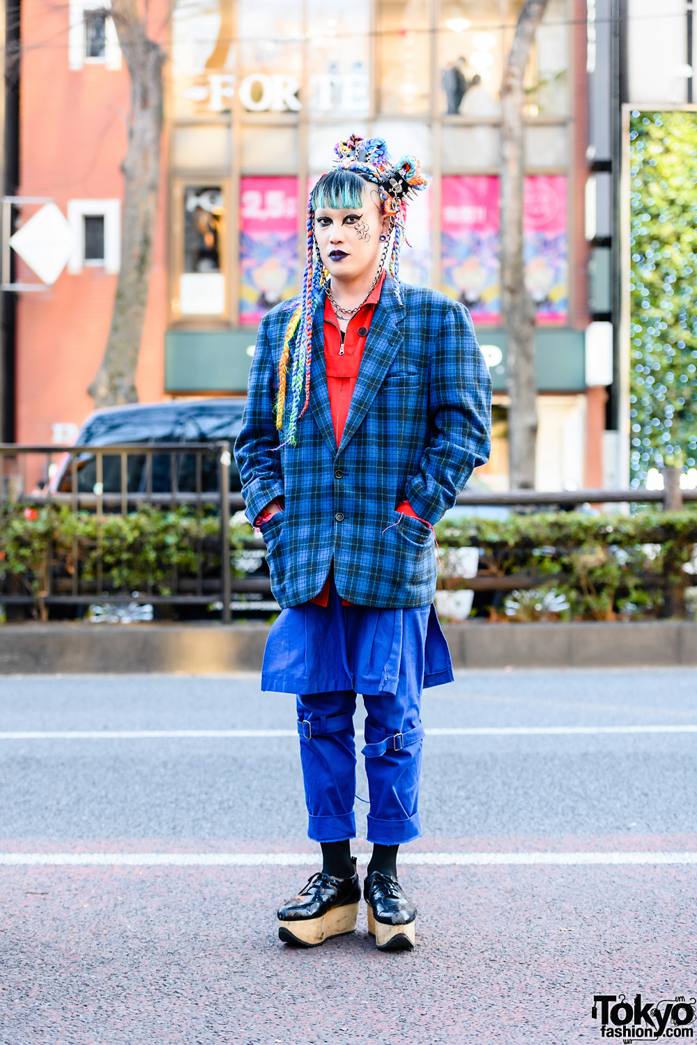 Harajuku Style w/ Multicolored Braided Buns, Spiked Hair Cuffs, Plaid Blazer, Strap Pants w/ Skirt Panel & Vivienne Westwood Rocking Horse Shoes