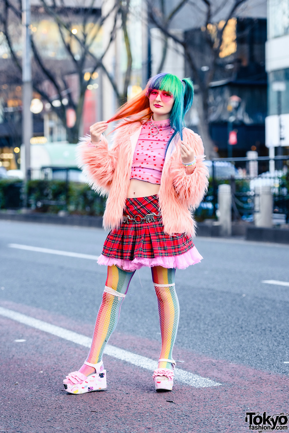 Colorful Harajuku Style w/ Rainbow Hair, Heart Glasses, Heart Print Top, WEGO Ruffle Skirt, Hot Topic Fishnets, Claire's Donut Print Backpack & CS T&P x Sanrio Wedge Sandals