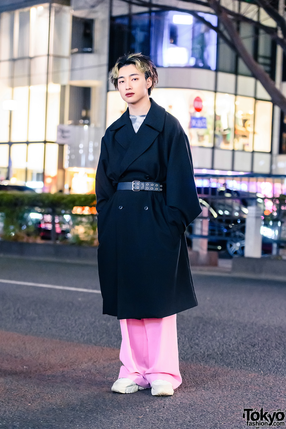 Tokyo Menswear Style w/ Blonde Highlights, Dark Red Lips, Belted Coat, WEGO Shirt, Zara Pants & Sneakers
