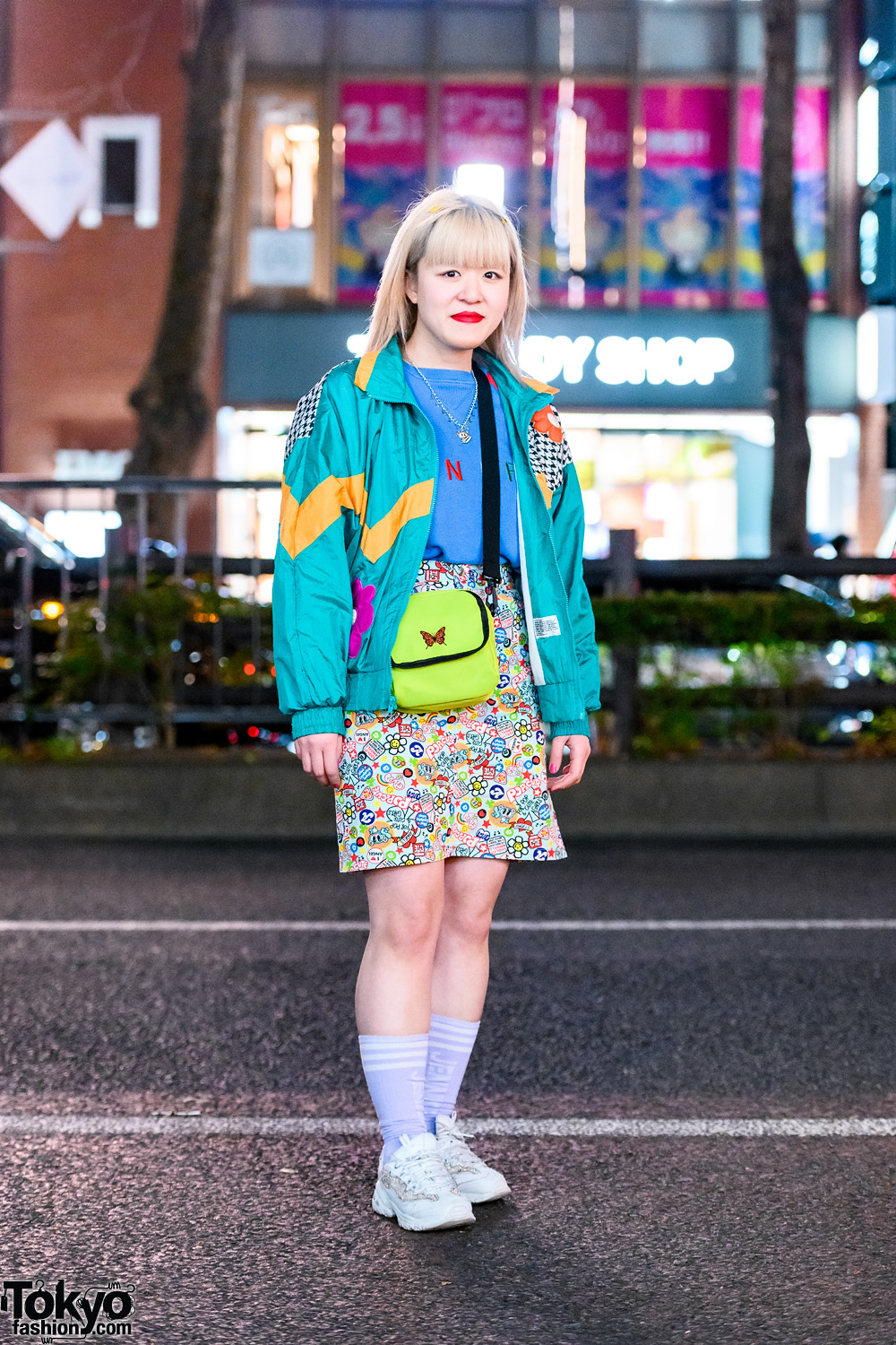 Kinji Shop Staff's Colorful Street Style w/ Angel Blue Charm Necklace, Chicago Jacket, UNIF, Printed Skirt, WEGO & Sketchers Chunky Sneakers