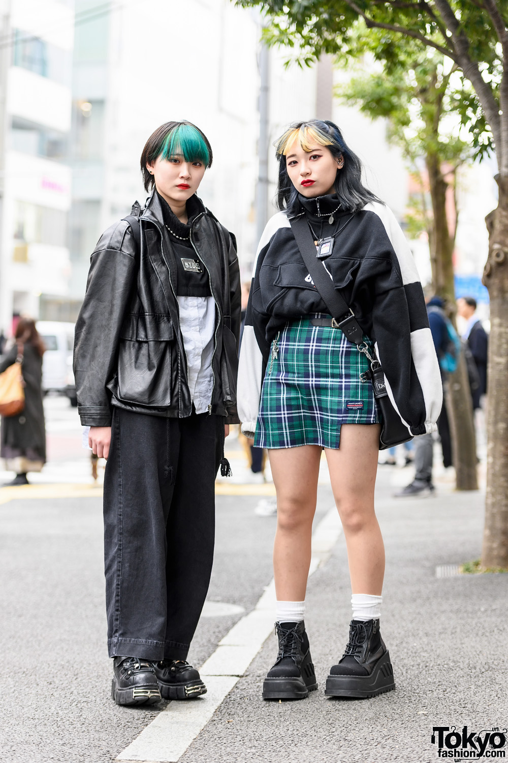 Harajuku Girls Streetwear Styles w/ Green Bangs, M.Y.O.B., Never Mind the XU, Mary James Plaid Skirt, Prada Backpack, Another Youth, D&G, New Rock & Demonia Boots