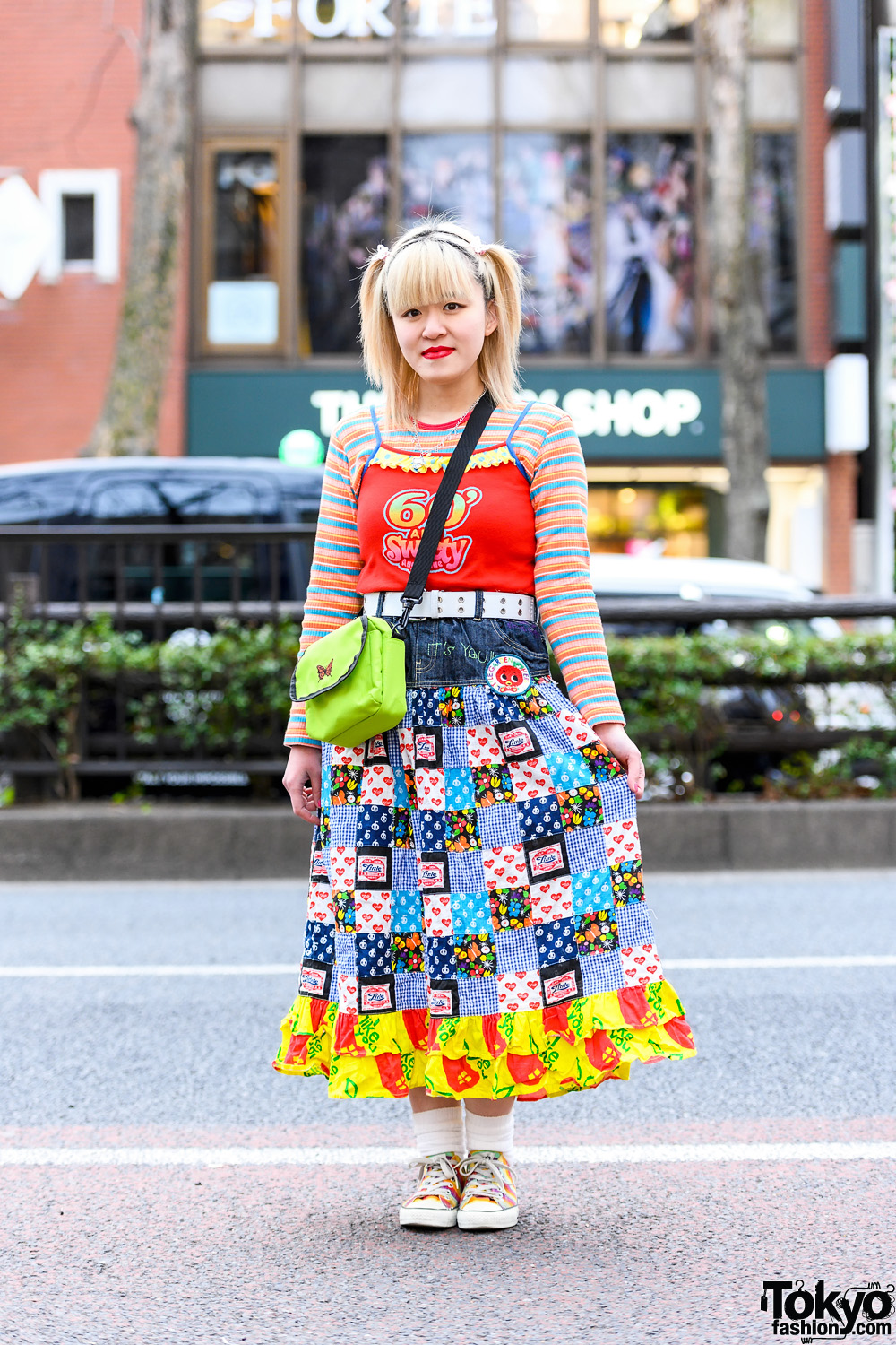 Colorful Tokyo Street Style w/ Twin Tails, Angel Blue Tank Top, Patchwork Skirt, WEGO Sling Bag & Converse Rainbow Sneakers
