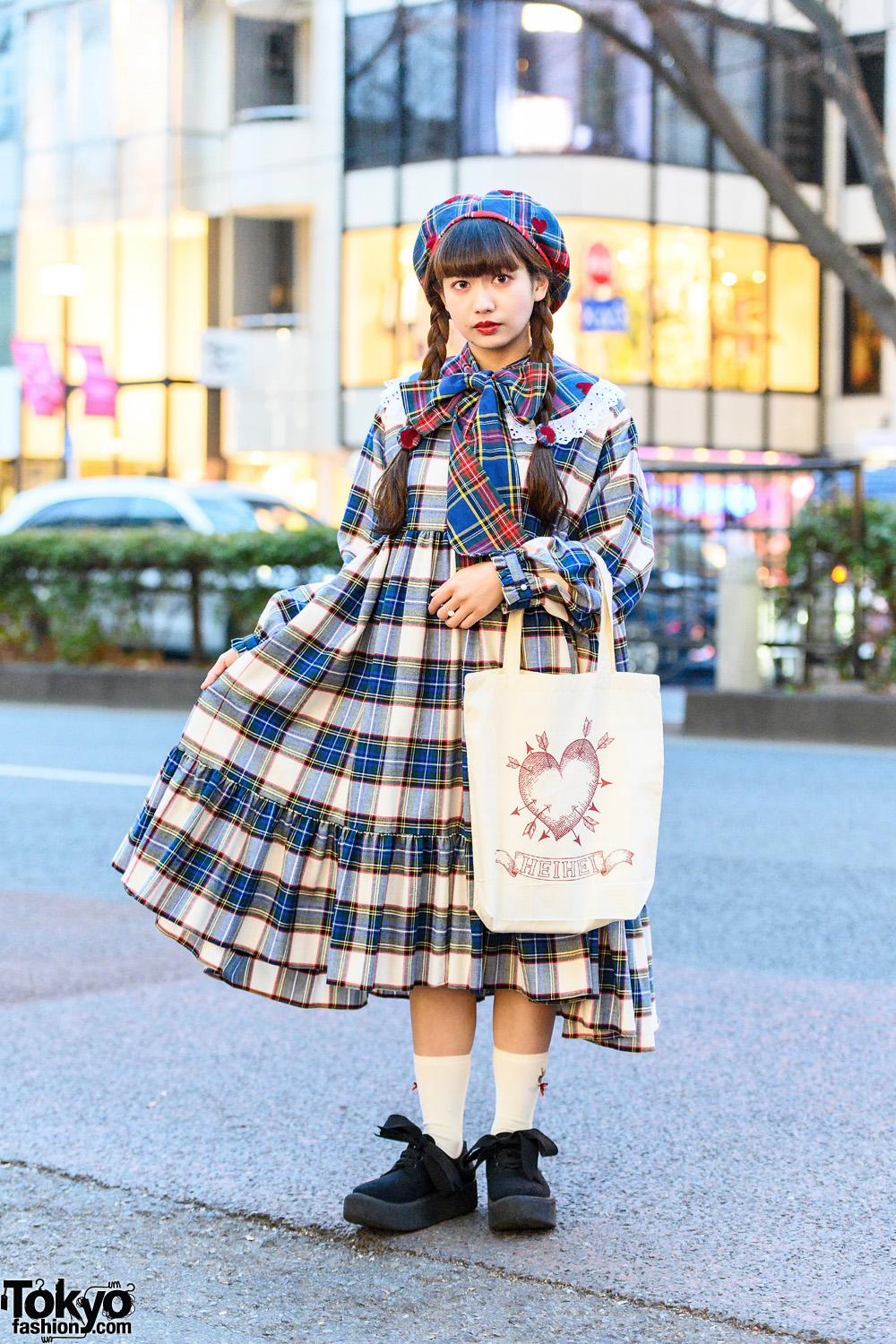 Plaid HEIHEI Streetwear Style w/ Heart-Shaped Beret, Detached Collar, Plaid Dress, Canvas Tote Bag & Tokyo Bopper Bow Shoes